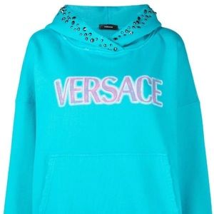 AUTHENTIC Versace | Logo-Print Studded Hoodie | Turquoise